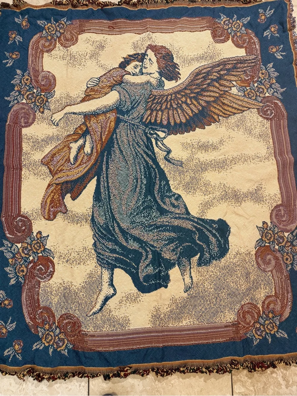 Vtg Guardian Angel Blue Tapestry Throw Blanket Woven Wall  Cotton Poly Acrylic